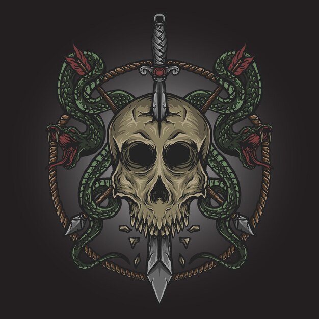 artwork illustration and t shirt design skull sword and snake engraving ornament