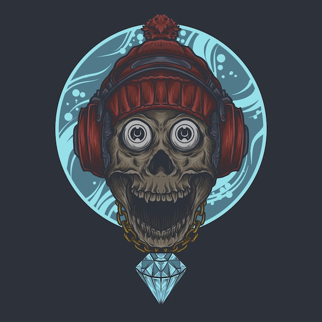 artwork illustration and t shirt design skull with headphone and winter hat