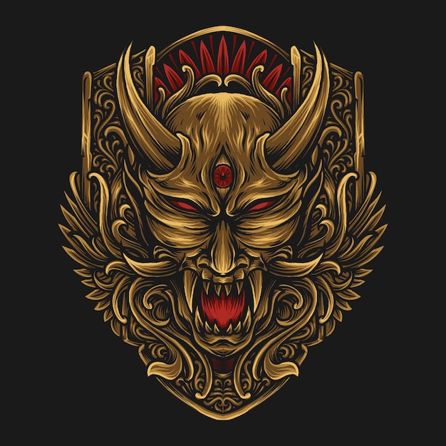 artwork illustration  and t shirt oni mask character engraving ornament