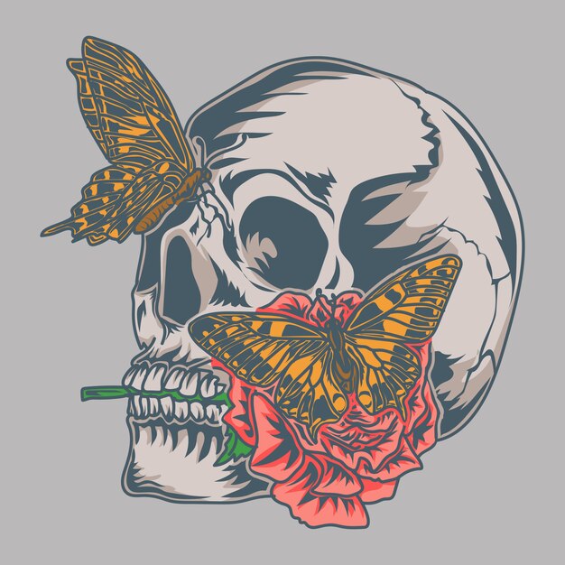 artwork illustration and tshirt design skull with rose and butterfly