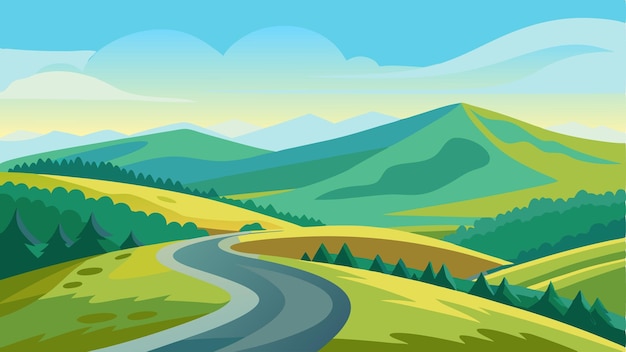 Vector as the road winds higher the air becomes crisp and invigorating and the landscape transforms into a panoramic view of rolling hills and distant peaks