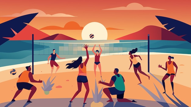 As the sun sets over the beach a group of volleyball players engage in a spike competition