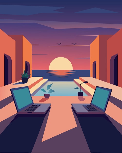 Vector as the sun sets over the courtyard the laptops soft glow seems to reflect the peacefulness of the