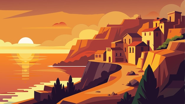 As the sun sets over the horizon the cliffs and buildings of this coastal town are bathed in a warm golden light The peaceful atmosphere invites visitors to kick back and relax