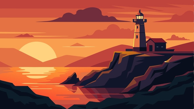 As the sun sets on the horizon the coastal lighthouse casts a warm glow over the rugged landscape offering a sense of comfort and security to weary sailors