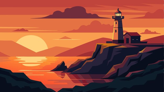 As the sun sets on the horizon the coastal lighthouse casts a warm glow over the rugged landscape