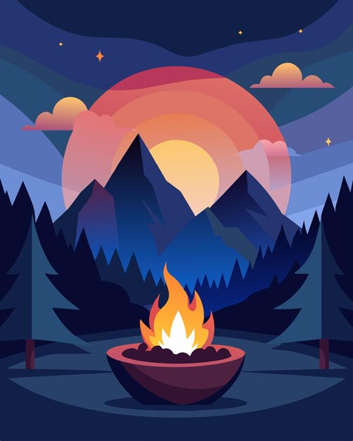 Vector as the sun sets behind the mountains a crackling fire pit provides warmth and a cozy setting for a