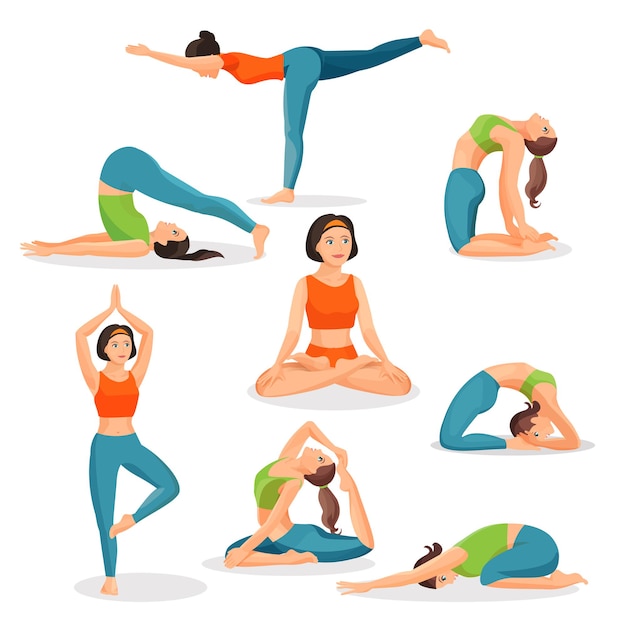 Asana yoga collection of girls doing sport in oriental poses and with female person in lotos posture in centre.  poster of useful for human health meditating and exercising pictures on white