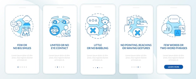 ASD signs in children onboarding mobile app page screen. Few smiles, no gestures walkthrough 5 steps graphic instructions with concepts. UI, UX, GUI vector template with linear color illustrations