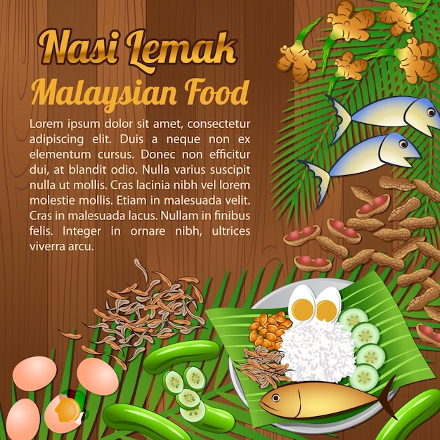 Asean National food ingredients elements set banner on wooden backgroundMalaysia