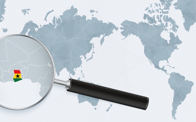 Asia centered world map with magnified glass on Ghana Focus on map of Ghana on Pacificcentric World Map