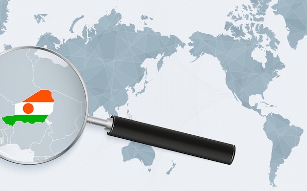 Asia centered world map with magnified glass on Niger Focus on map of Niger on Pacificcentric World Map