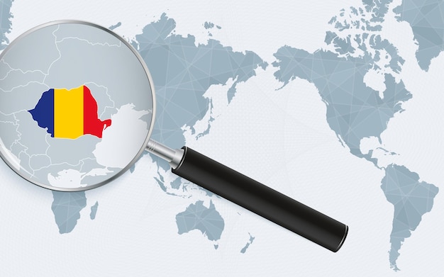 Asia centered world map with magnified glass on Romania Focus on map of Romania on Pacificcentric World Map