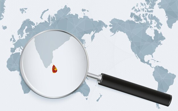 Vector asia centered world map with magnified glass on sri lanka focus on map of sri lanka on pacificcentric world map