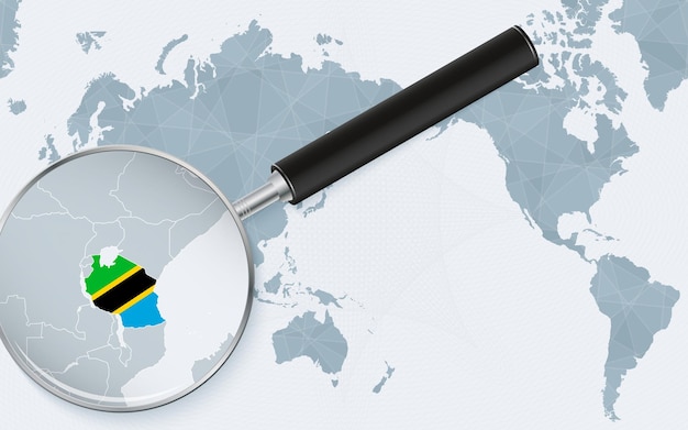 Asia centered world map with magnified glass on Tanzania Focus on map of Tanzania on Pacificcentric World Map