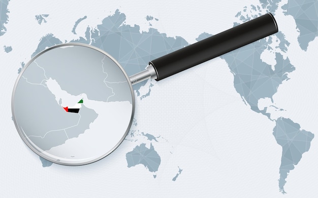 Asia centered world map with magnified glass on United Arab Emirates