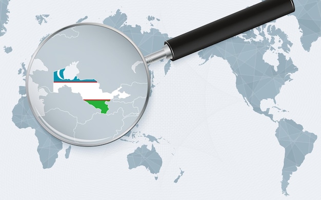 Asia centered world map with magnified glass on Uzbekistan Focus on map of Uzbekistan on Pacificcentric World Map