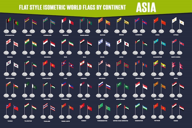 Asia Country Flat Style Isometric Flags