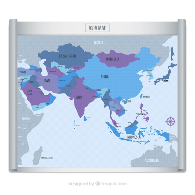 Vector asia map in blue and purple tones