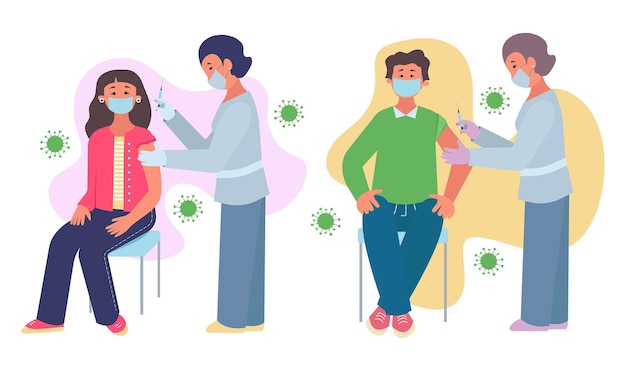 Asian adults vaccination vector concept Adults man and woman are sitting having vaccination Nurse is making a vaccination in hospital