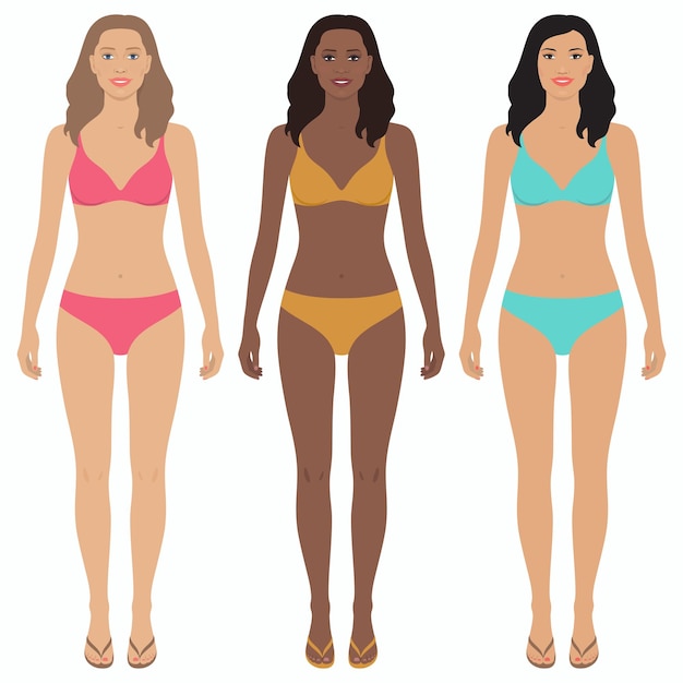 Asian African american and european women with various hairstyle and in different colored swim wear