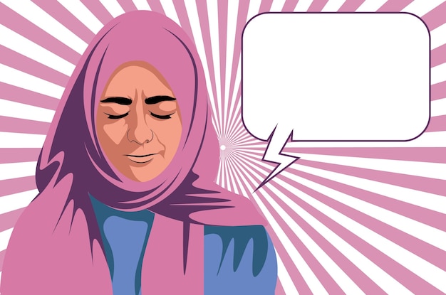 Asian Arabian Iranian Muslim woman wearing hijab closed eyes with blank speech bubble front face