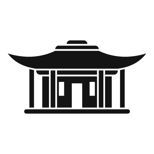 Vector asian building with curved roof in black and white minimal style representing oriental culture