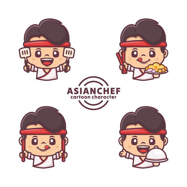 Asian chef cartoon character design with different poses and expressions