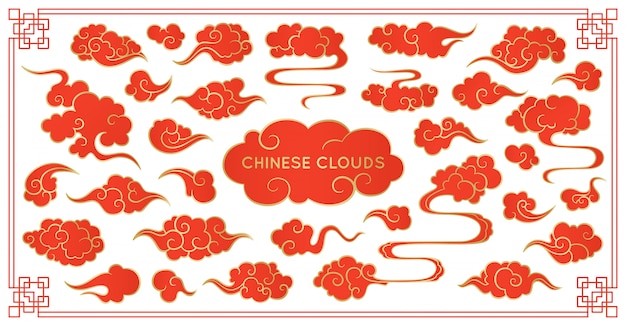 Asian cloud red set. Traditional cloudy ornaments in chinese, korean and japanese oriental style