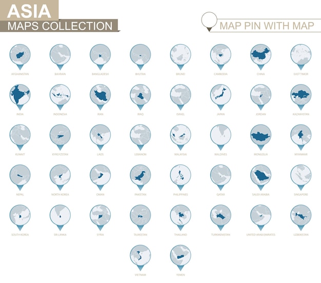 Asian countries detailed map collection blue map pin with country map