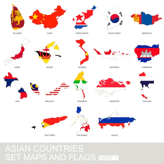 Asian countries set, maps and flags, Part 2