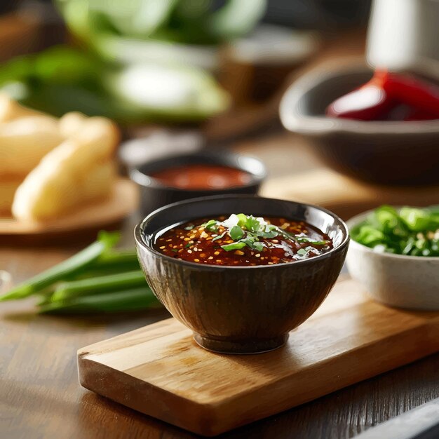 Vector asian cuisine delight spicy sauce in ceramic bowl on wooden board with green onions sesame seeds