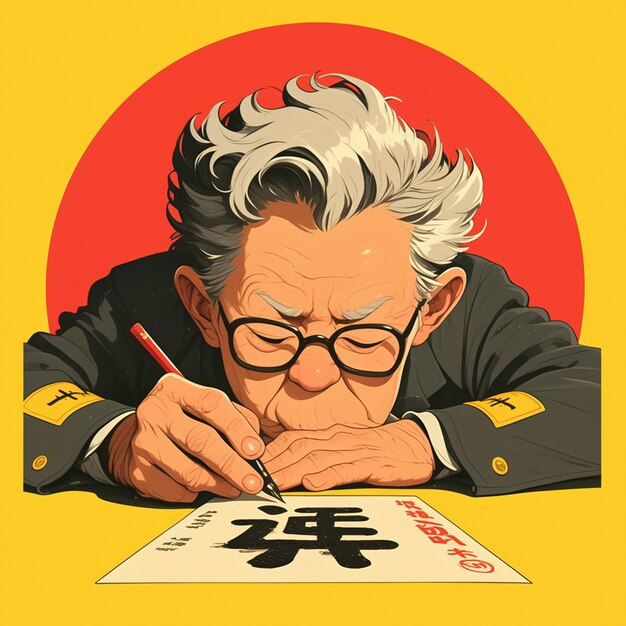 Vector asian elderly man doing calligraphy