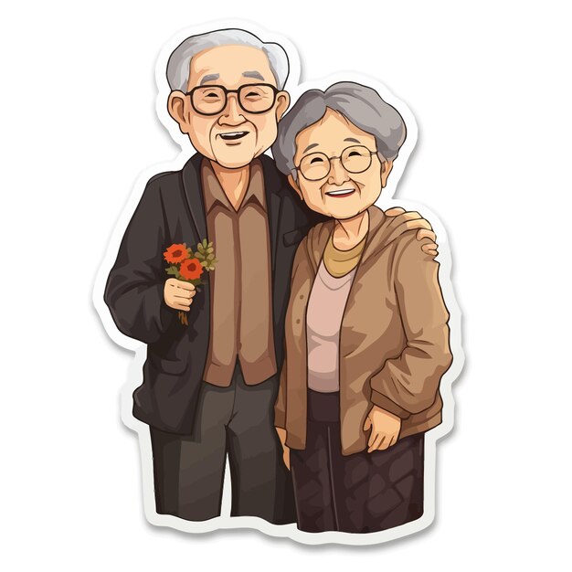 Vector asian elderly man and woman sticker