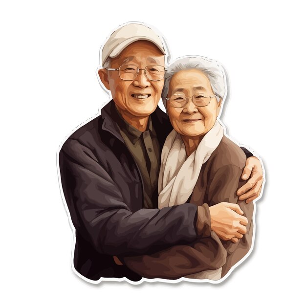 Vector asian elderly man and woman sticker