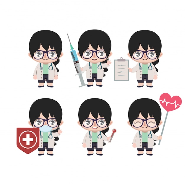 Asian female doctor mascot with various poses