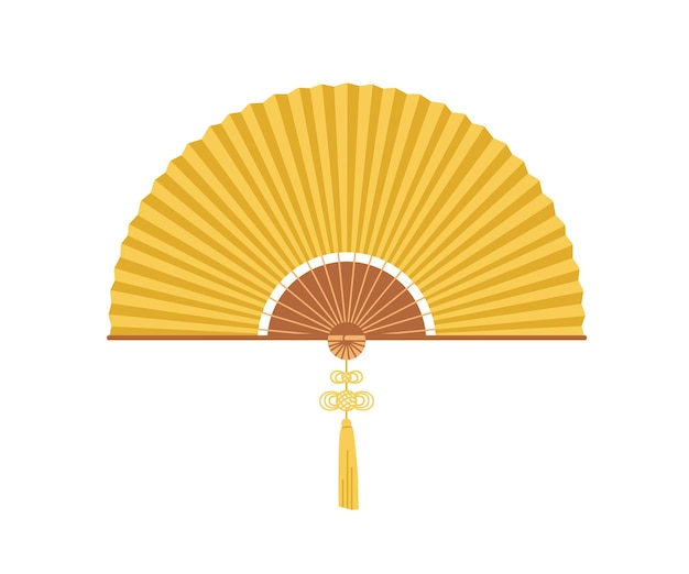 Asian folding hand fan with fringe. Japanese handheld bending paper object. Traditional oriental foldable accessory for air cooling. Flat vector illustration isolated on white background.