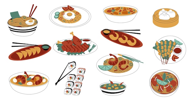 Asian food Chinese Japanese and Korean national cuisine bowls and plates with spicy food sea fish rice and sauces Vector traditional eastern meal isolated doodle set