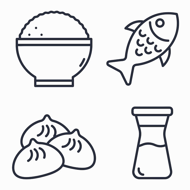 Asian Food. Chinese Rice, Fish, Dumplings and Sauce Jar Line icon vector illustration set