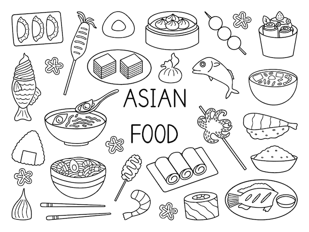 Vector asian food doodle set asian cuisine in sketch style