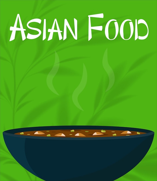 Asian food. Green banner on leaf background with Asian soup