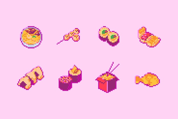 Asian food icons in pixel art