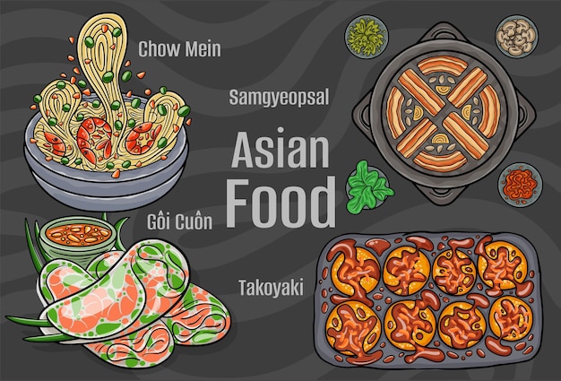 Asian Food Illustrations Handdrawn Vector