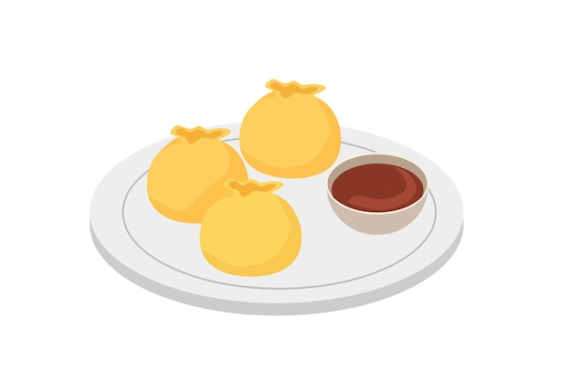 Asian food made from stuffed dough. Dumplings with sauce. Vector cartoon illustration.