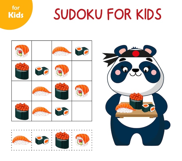 Asian food Mini game for kids Sudoku Insert desired picture Panda and sushi set japanese food