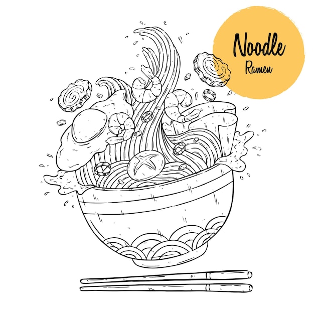 Asian food noodle sketch flying from a bowl with chopsticks. Japanese noodle, vector sketch