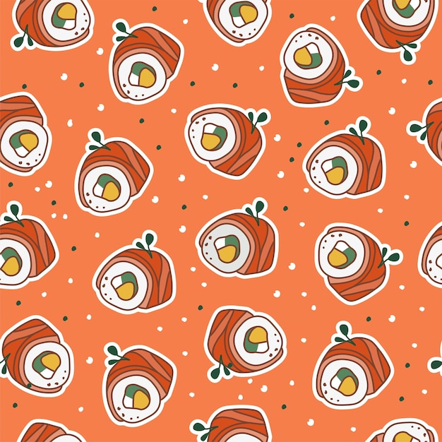 Asian food print. Pattern with sushi Maki with salmon. Seafood.