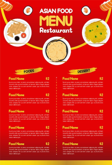 Asian food Restaurant menu