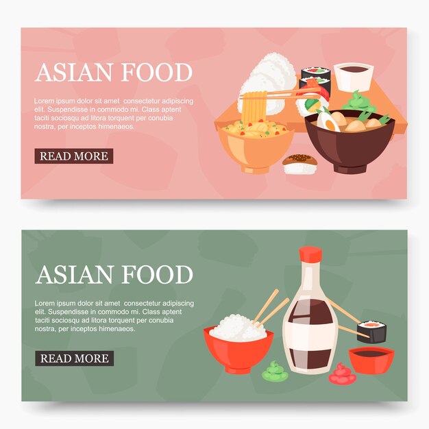 Vector asian food set of banners vector. traditional national dishes for menu