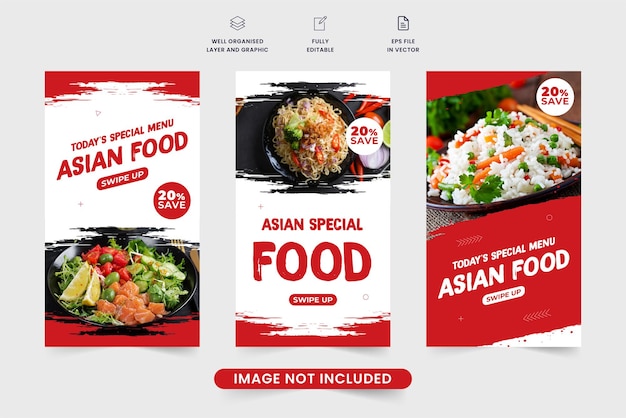 Asian food social media story template set design with red and white colors Special story template collection for the restaurant food menu Asian food promotional web banner design for marketing